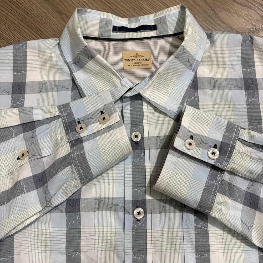 Tommy Bahama Mens XL Blue White Check Button Down Shirt Island Crafted Preppy